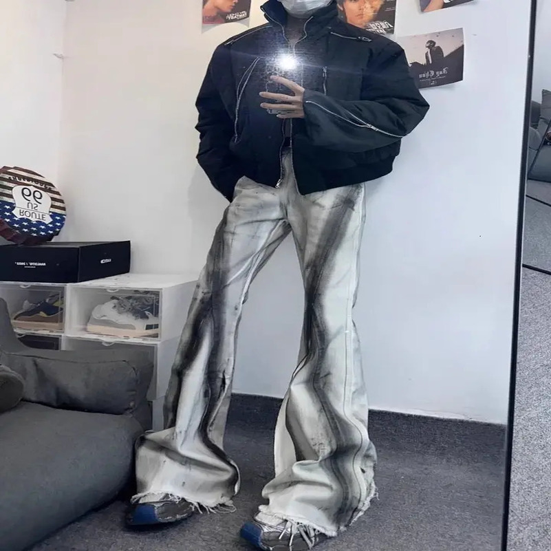 Y2K Heavy Retro Style Dirty Ink Contrast Color Gradient Micro-flare Jeans Mens Trendy Floor-moving Casual Pants 250605