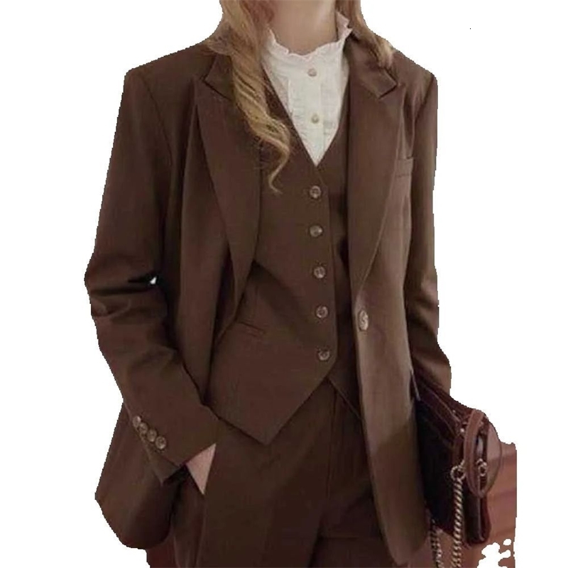 Smart in Brown Winter Suits for Women 3 Pieces Jacket Vest Pants Female Clothing Formal Office Banquet Ladys Blazers Sets 250923