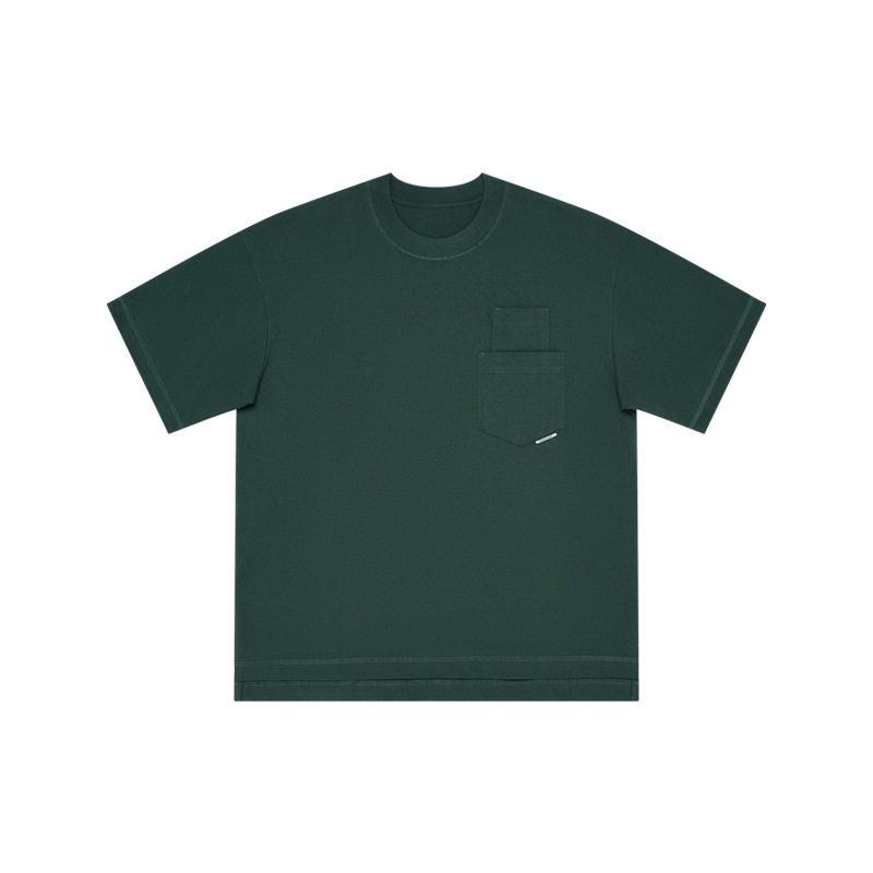 Spring-Summer Men's Street Tee - Pure Cotton Solid Color, Double Pocket Detail, Split Cuff Short Sleeve, New Arrival-58M