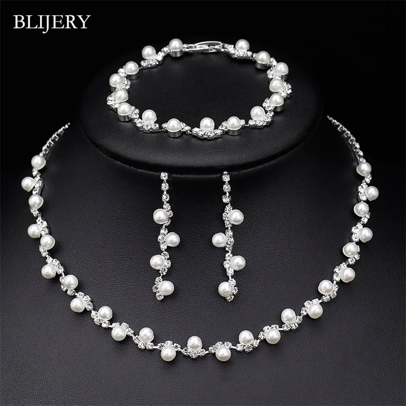 BLIJERY Fashion Simulated Pearl Crystal Bridal Simple Women Choker Necklace Earrings Bracelet Wedding Jewelry Sets 241227 Z260313