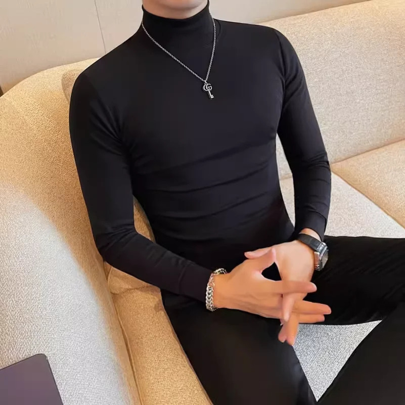 Mens T-shirt autumn/winter turtle neck long sleeved mens T-shirt slim fit casual basic T-shirt mens 4XL 241113