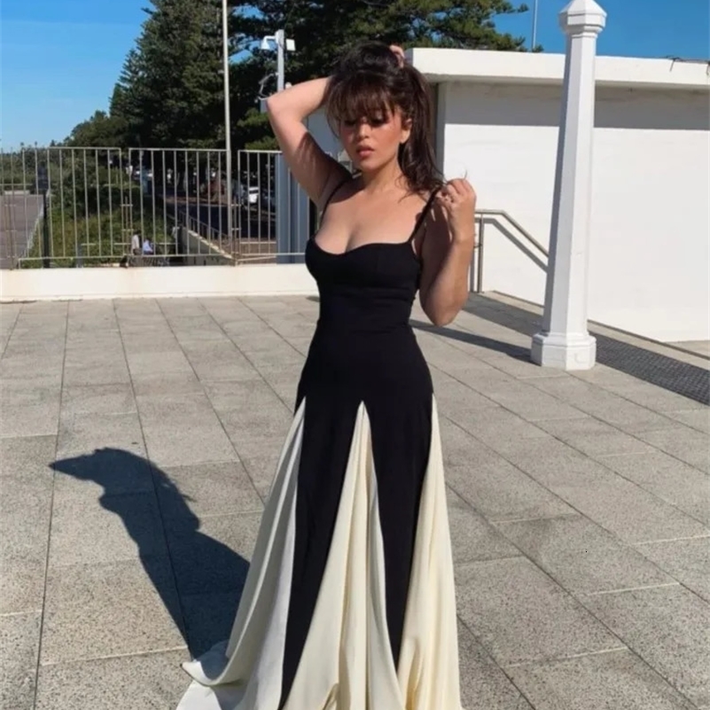 Elegant Black White Contrasting Women Sling Dress Fashion Backless Sleeveless High Waist Maxi Dresses Female Party A-line Robes 241228