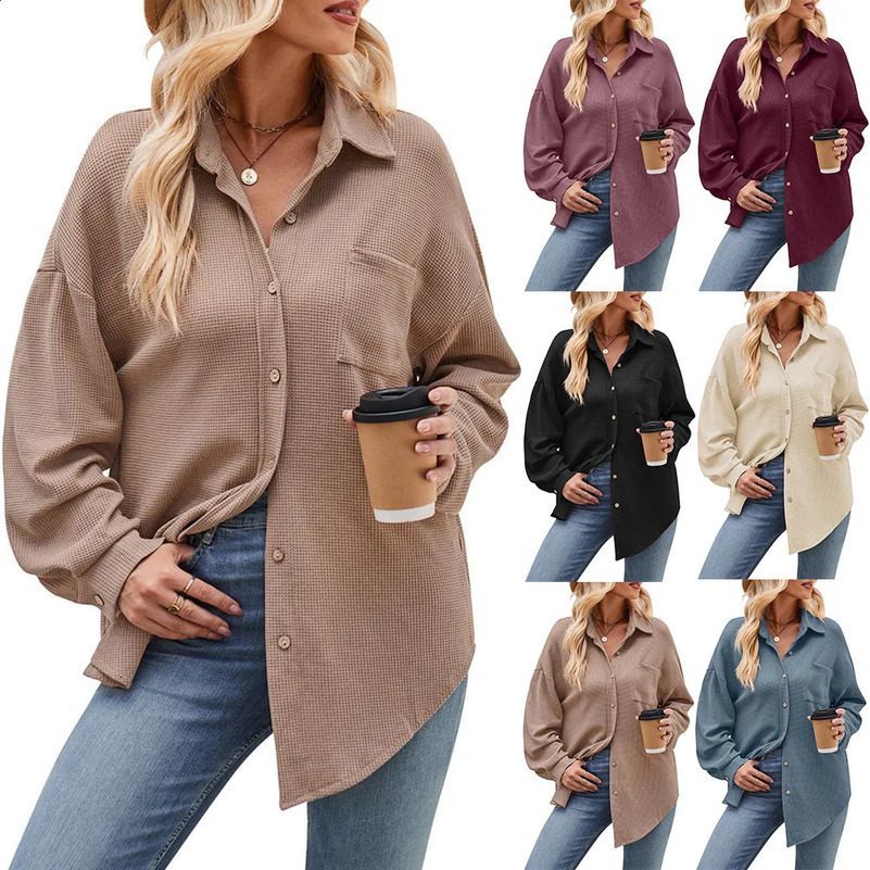 Spring Autumn Women Blouses Casual Loose Pocket Waffle Long Sleeve Shirt Female Casual Loose Overshirt Oversized Tops 250313