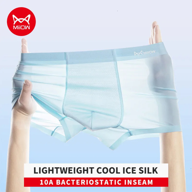 MiiOW 4Pcs Cool Ice Silk Mens Panties Antibacterial Mesh Mens Underwear Boxers Seamless Breathable Man Underpants Trunks 250605
