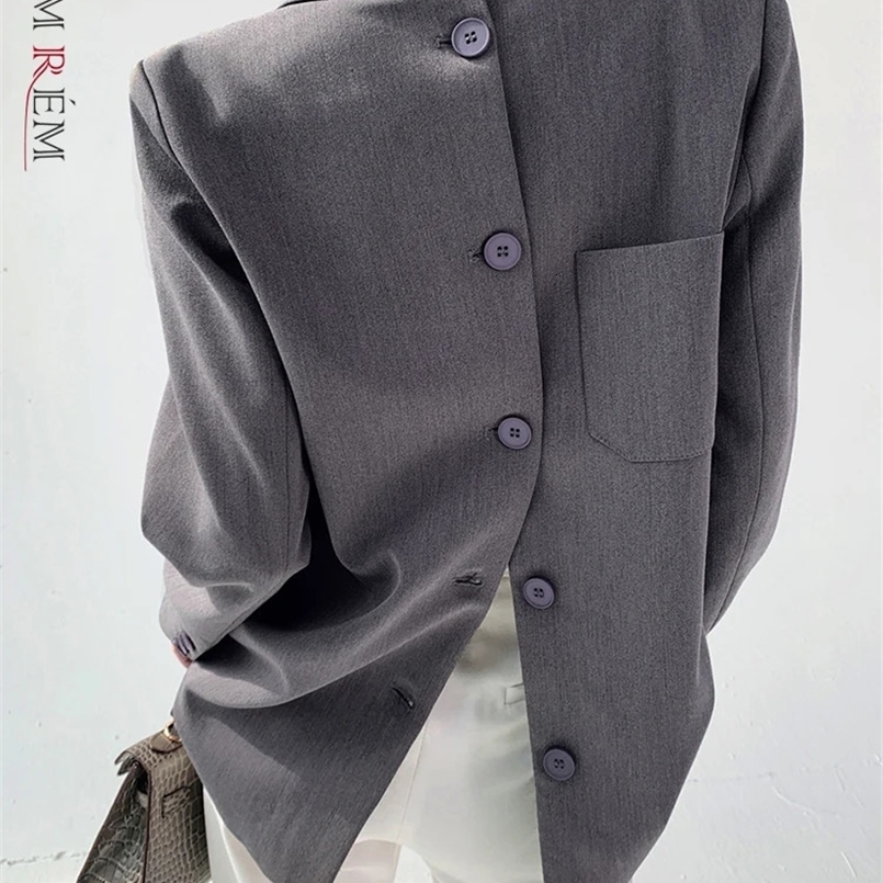 LANMREM er Back Button Blazer For Women Gray Notched Long Sleeve Fashion Female Coat Spring Clothing 240826