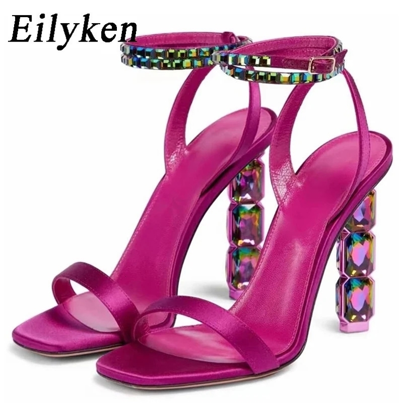 Eilyken Summer Crystal Embellished High Heel Sandals Women Diamond Open Toe Ankle Strap Silk Satin Rhinestone Banquet Shoes 240528