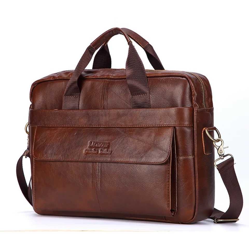Men Genuine Leather Handbag Fashion Office 14 inch Laptop Briefcase Bag Male Computer Shoulder Bags Mens Business Document Bag J2510251