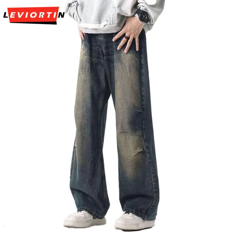 MenS Lightning Pattern Print Straight-Leg Jeans Pants High Street Lengthened Pants American Vibe Micro-Lapped Wide-Leg Pants 250116