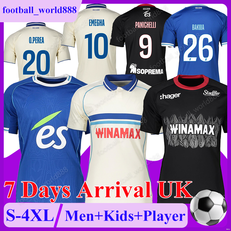 4XL Strasbourg Alsace 25 26 Soccer Jerseys EMEGHA PANICHELLI 2025 Football Shirts K.PAEZ DOUKOURE maillot de football G.DOUE AMO GODO MOREIRA JR. Men Kids Kit Socks Sets