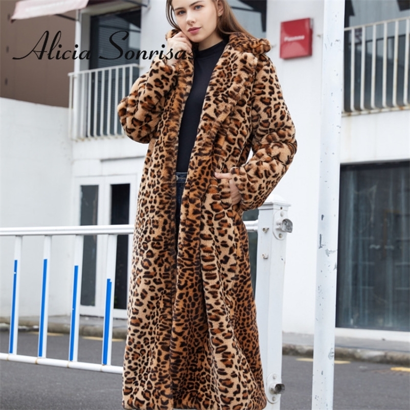 Women's Fur Faux Winter Leopard Print Rabbit Tailored Collar Warm Thick X-Long Coat Long Sleeve Hipster Jacket Feminino 221116
