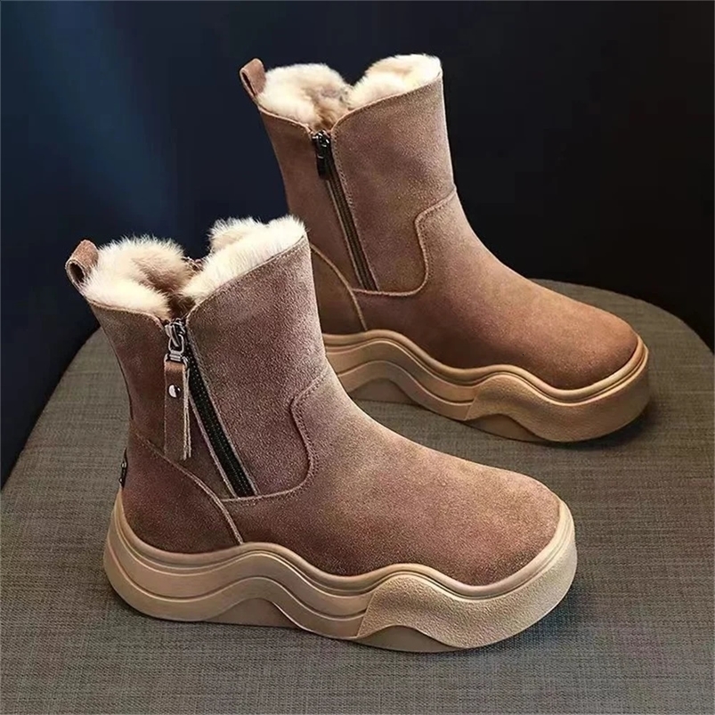 Leather snow boots womens womens shoes in autumn and winter platform Martin boots and short boots plus velvet cotton 241230
