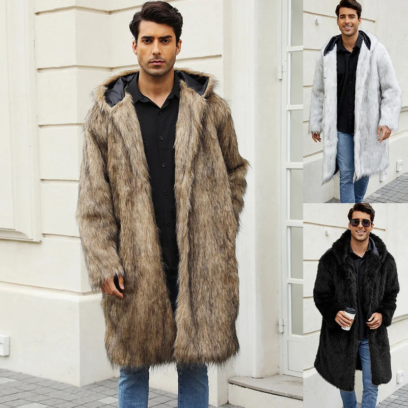 Fur jacket with open collar and hood synthetic fur splicing long sleeved loose mens open seam coat solid autumn street 241113
