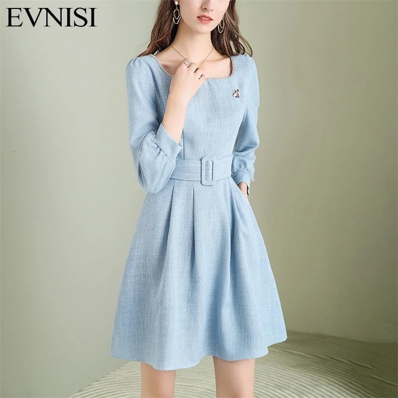 EVNISI Women Diamonds Shiny Bee Brooch Dresses Square Collar Elegant Solid Tweed Dress For Women Casual Office Lady Vestidos 240529
