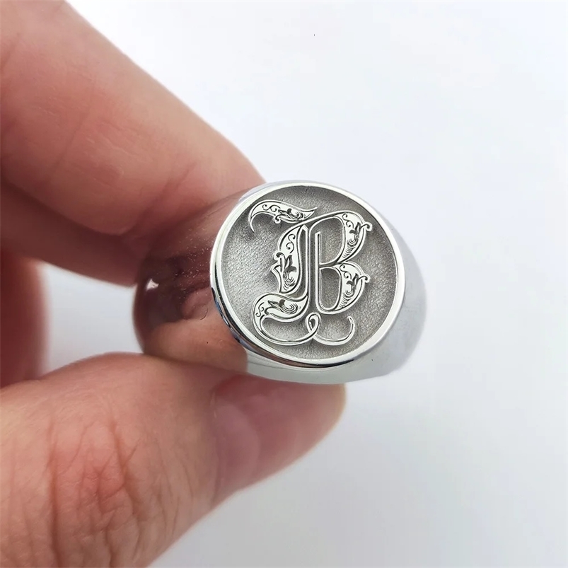 Custom 925 Solid Silver Men Letter Engrave Ring Personalized 15mm Chunky Signet Ring 3D engraved Royal Initial Letter Ring 240530