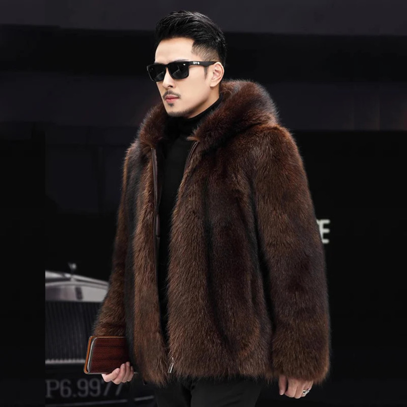 Mens fur coat mink coat short hooded casual fashion trend winter zipper jacket 241112
