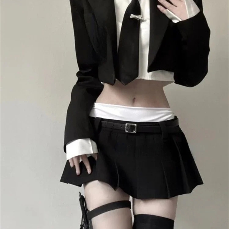 Vintage 3 Piece Set Skirt Woman Black Short Blazers Casual Shirt Slim Mini Skirt Party Korean Fashion Suit Female Chic 240826