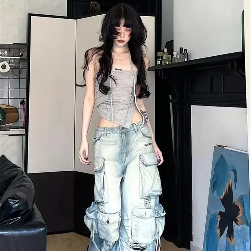 sweet Y2K Baggy 2000s Pockets Denim Trouser Women Vintage Casual Washed Pants Female Retro Waist High Street Trashy Jean Z260313