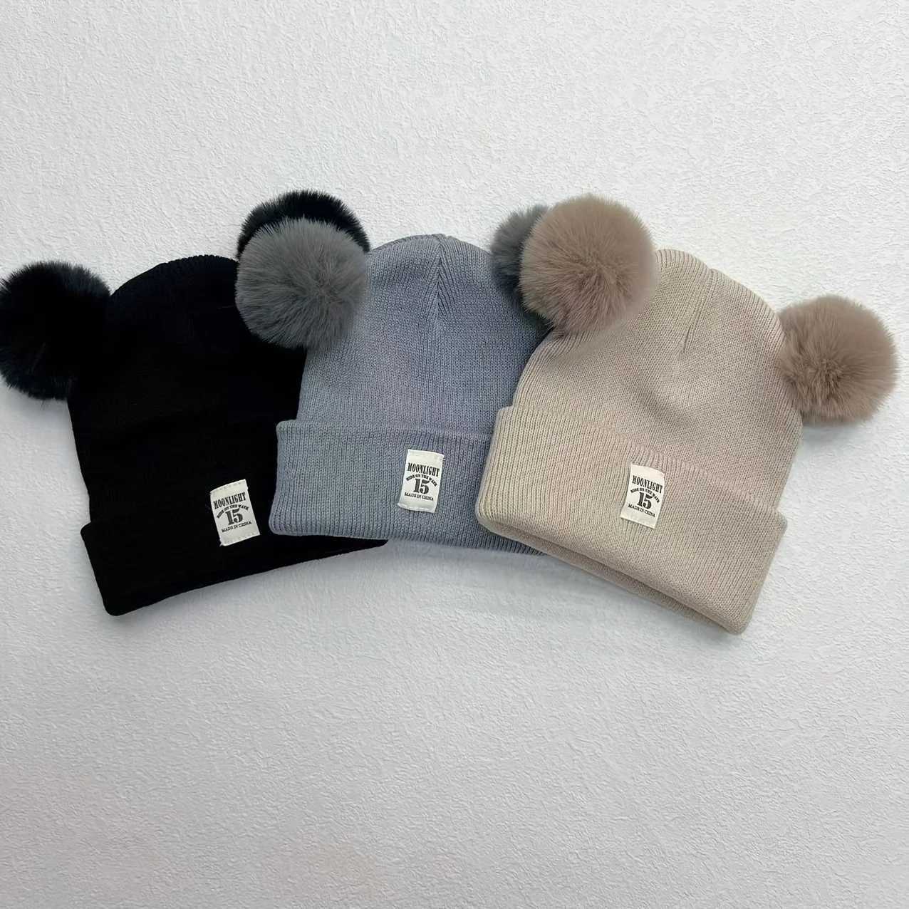 3pcs Soft Acrylic Knit Baby Hats with Double PomPoms Patch Warm Lightweight New Year Casual Attire for Boys Z251029