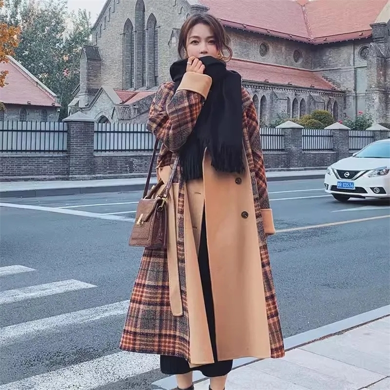 Plaid Patchwork Woolen Jacket Womens Coat Winter Korean Hepburn British style Woolen Coats Female Long Overcoat 240822