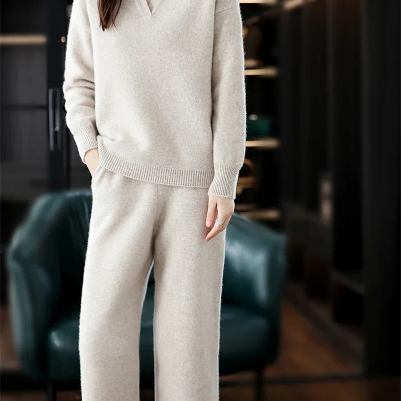 Cashmere Suit Female Lapel Korean Version of Senior Casual Sweater Wide-Leg Pants Wool Knitted Two-Piece Suit 240826