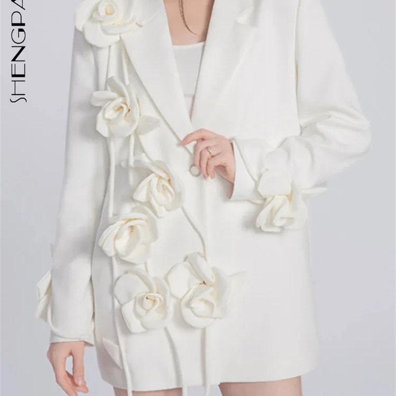 SHENGPALAE Three-d Flower Spliced Blazers For Women Niche Solid Color Versatile Suit Jacket Spring Trendy 5R8937 240826