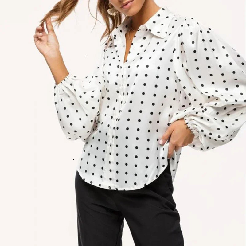Vintage Polka Dot Lantern Sleeve Women Shirt Fashion Long Sleeve Casual Blouses Office Lady Elegant Tops 250417