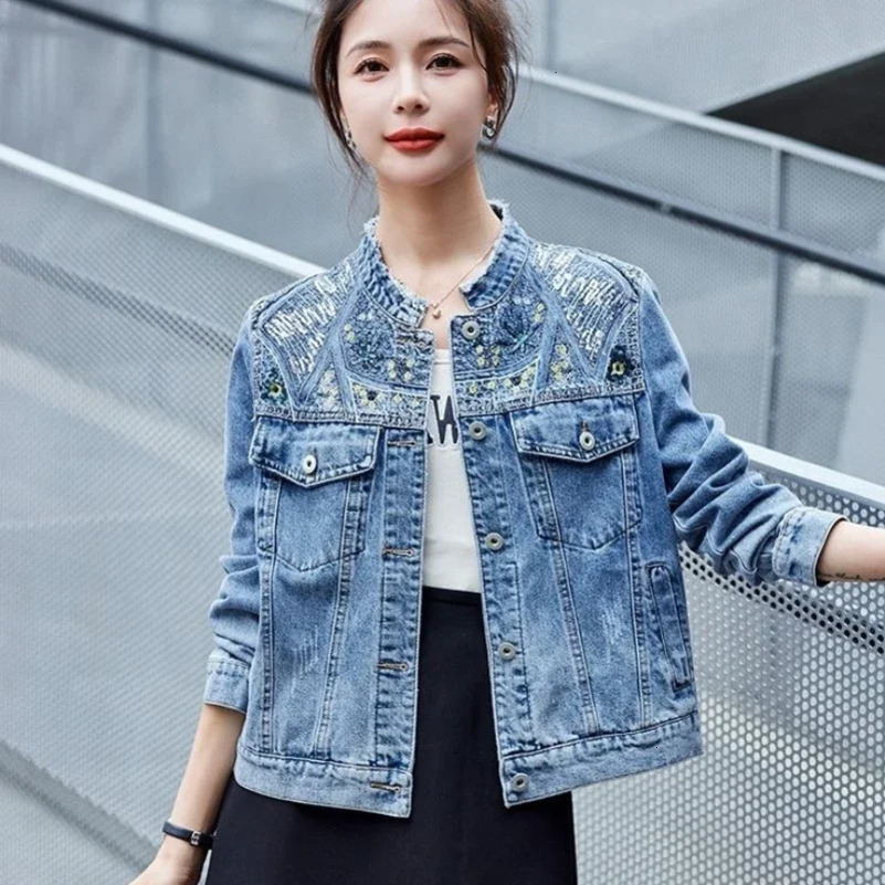 Spring Autumn Diamonds Denim Jacket for Women Crop Woman Jean Coat Short with Rhinestones Outerwear Patchwork Small Sequin Deals 250122