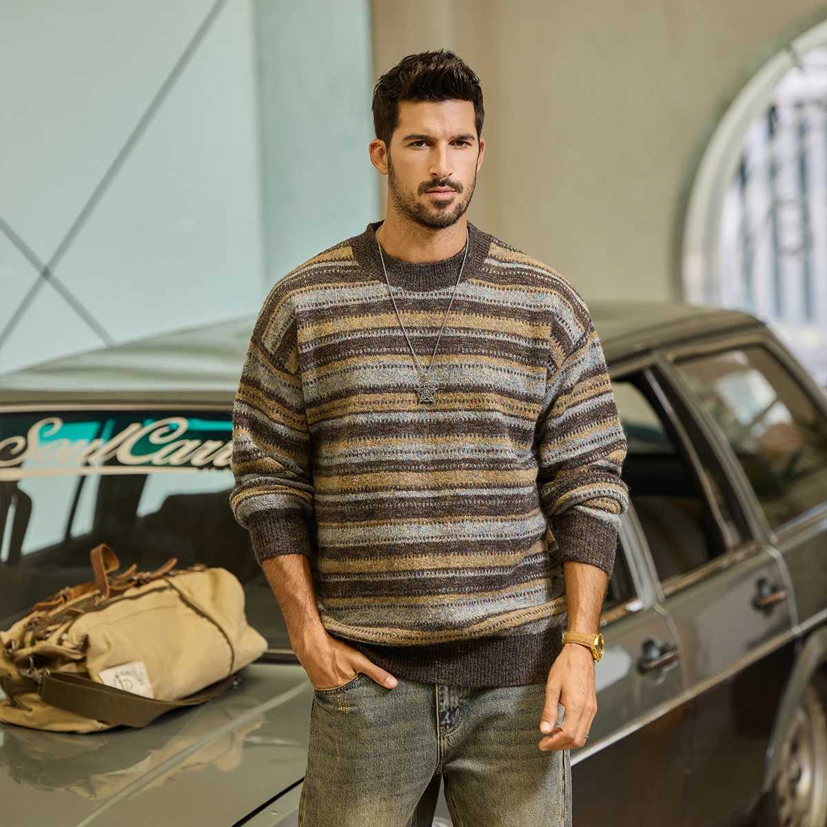 Autumn Winter Knitted Sweater Men Vintage Stripe Casual Loose Pullover Christmas Sweater Man Strtwear Knitwear Jumpers Tops S251110