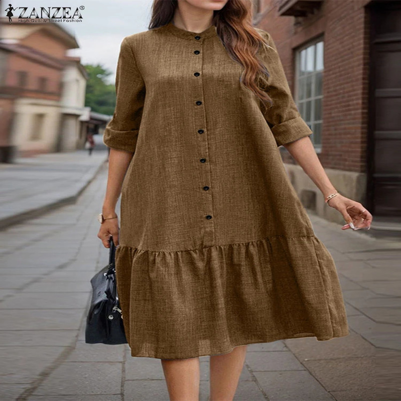 Vintage O Neck Long Sleeve Shirt Dress 2025 ZANZEA Spring Sundress Women Solid Work Dresses Casual Button Midi Robe Vestidos 250122