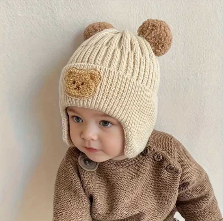 Winter Baby Beanie Cartoon Bear Ear Protection Knitted Hat Suitable for Toddling Boys and Girls Z251029