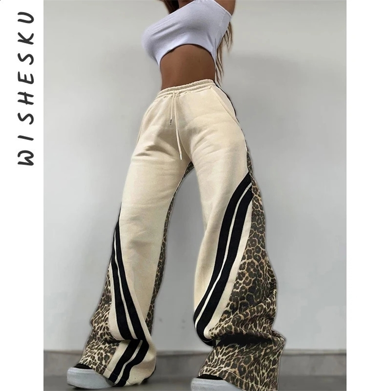 Sexy Leopard Print Patchwork Wide Leg Pants Women Drawstring Casual Baggy Sweatpants Spring Fall Harajuku Y2K Clothes 240820