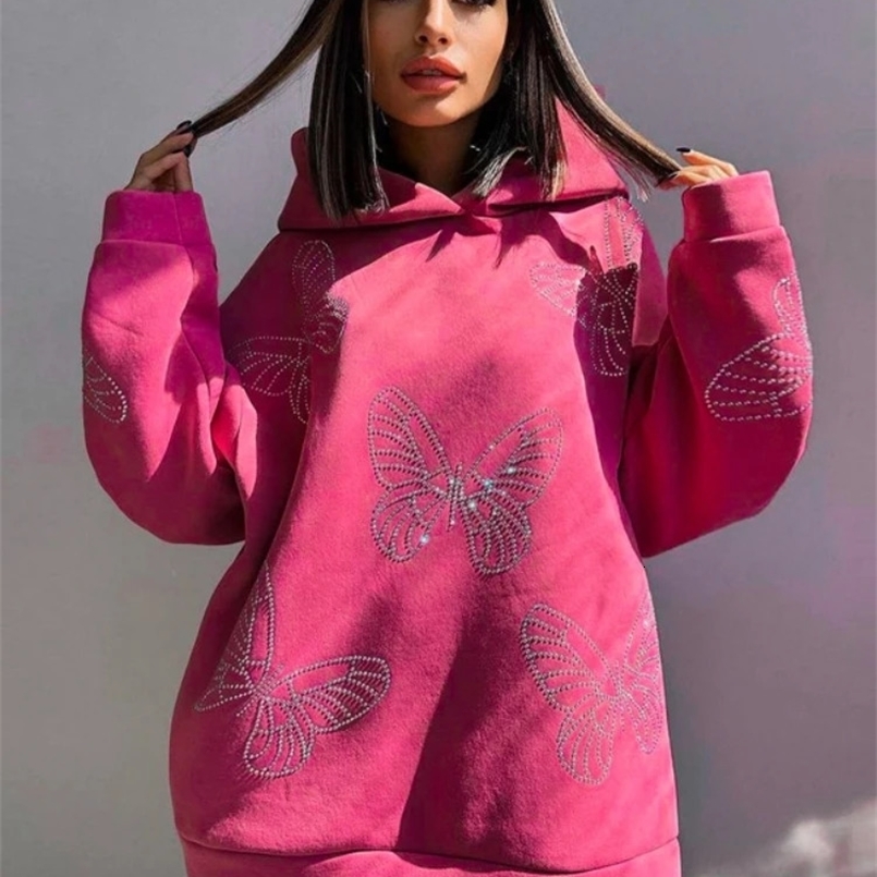 Butterfly Drilling Hoodies Casual Streetwear Women Long Sleeve Sweatshirt Loose Aesthetic Clothes Pullover Sudaderas Para Mujer 240827