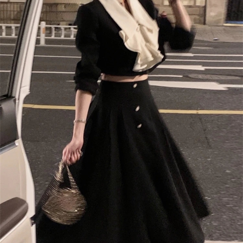 Elegant 2 Piece Dress Set Women Long Sleeve Crop Tops Casual Black Midi Skirt Autumn Slim Retro Office Lady Korean Suits 240820