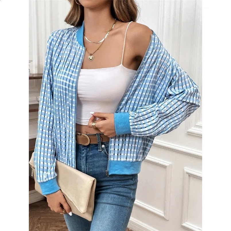 Spring and Autumn Womens Cardigan Long Sleeve Spell Colour Plaid Striped Zipper Patchwork Loose Office Lady Fashion Casual Coat 240827