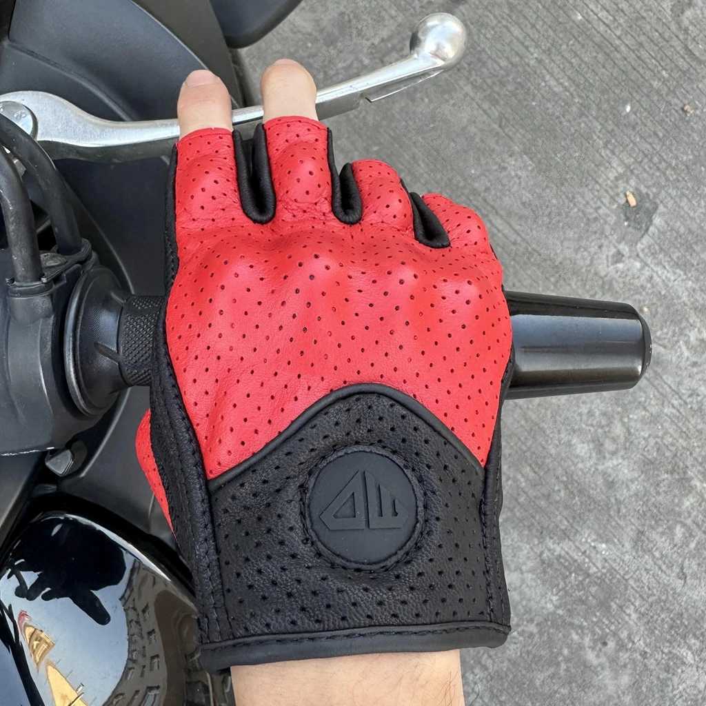 Leather Motorcycle Gloves Breathable Motocross Riding Gloves Moto Summer Racing All Season Guantes Red Half Finger Luva Motor J250922