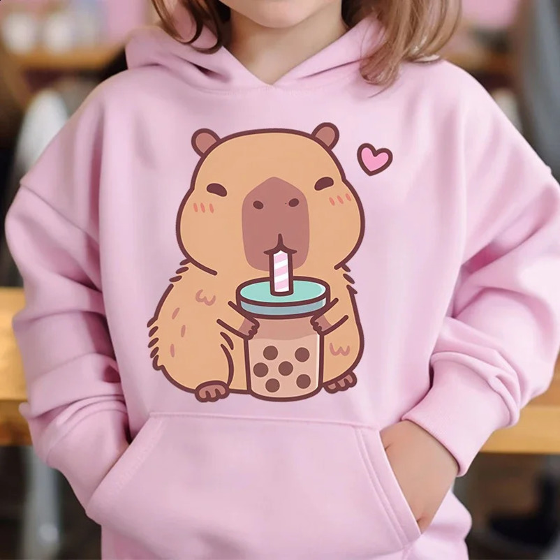 Cute Capybara Loves Bubble Tea kids hoodie pink plus velvet sweater autumn and winter tops for girls Boys Sweater Unisex Wear 250114