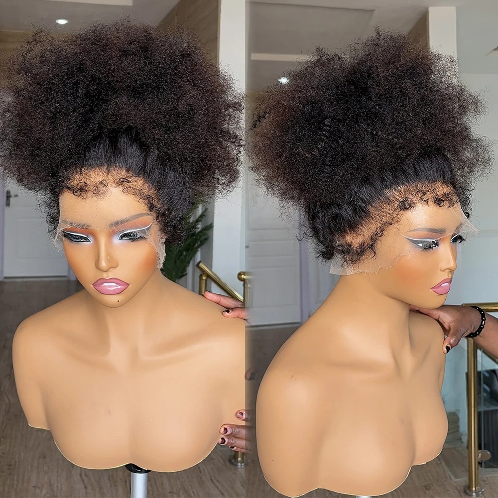180% Density Afro Kinky Curly Human Hair Wigs Short Bob 4c Edges Wig Brazilian Remy Hair 13x6 HD Lace Frontal Wig 360 Full Lace Wig Wear And Go Gluele