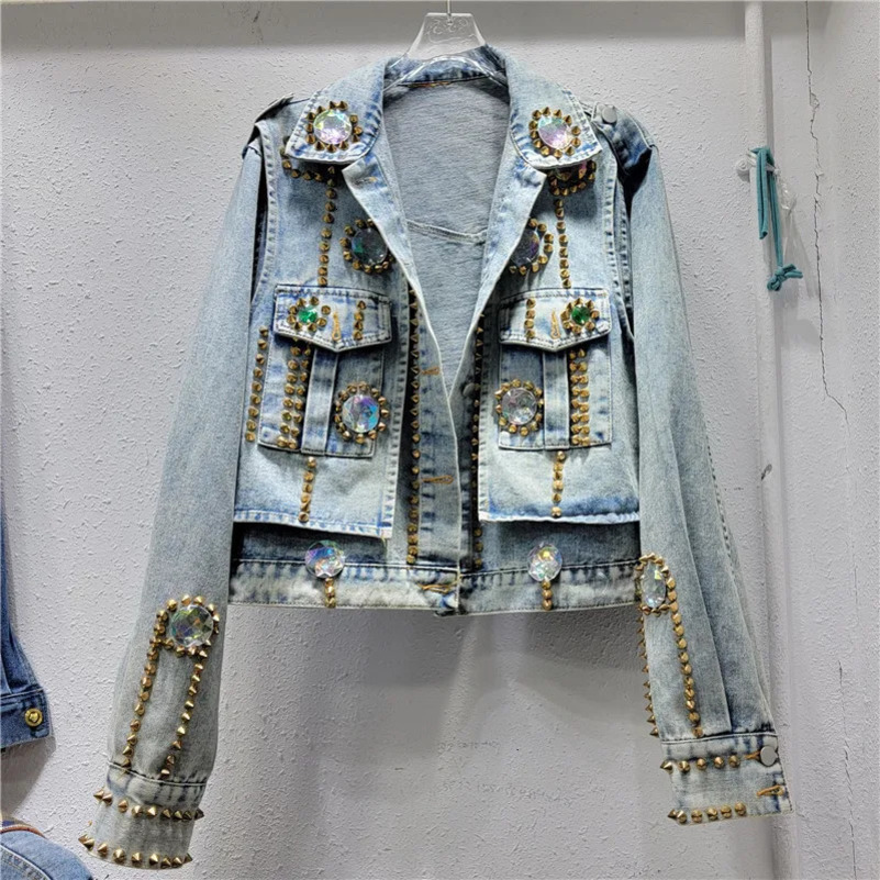 Diamonds Rivet Big Pocket Long Sleeve Denim Jackets Women Casual Cow Outerwear Vintage Blue Loose Short Jeans Jacket Female 250122