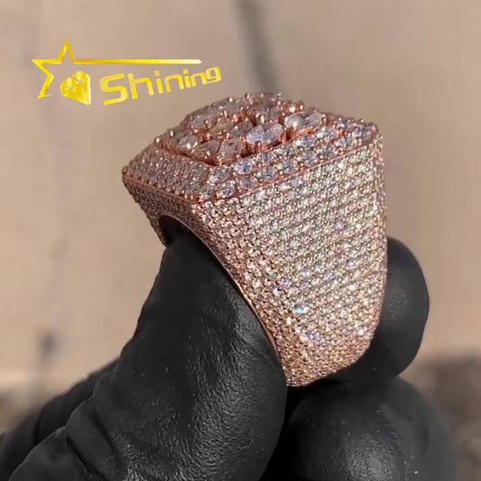 Luxury Hip Hop Ring 925 Sterling Silver Rose Gold Plated Iced Out Fancy Cut Buss Down Thick VVS Moissanite Diamond Ring Men