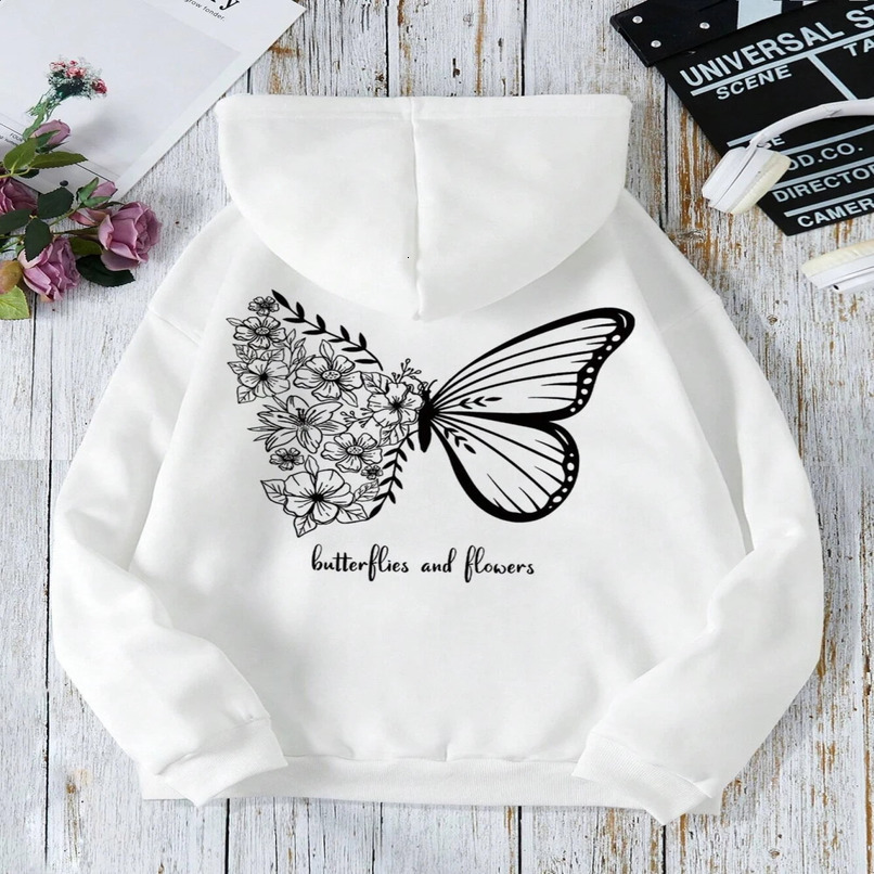Butterflies And Flowers Simple Style Women Hoodies Fashion Crewneck Sweatshirt Casual Oversize Hoody Autumn Fleece Sportswears 250113