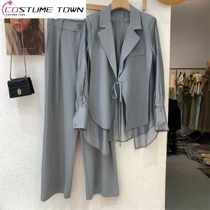 Summer Hollow Sun Protection Chiffon Shirt Blazer Wide Leg Pants Two Piece Set Elegant Womens Pants Set Office Outfits 240826
