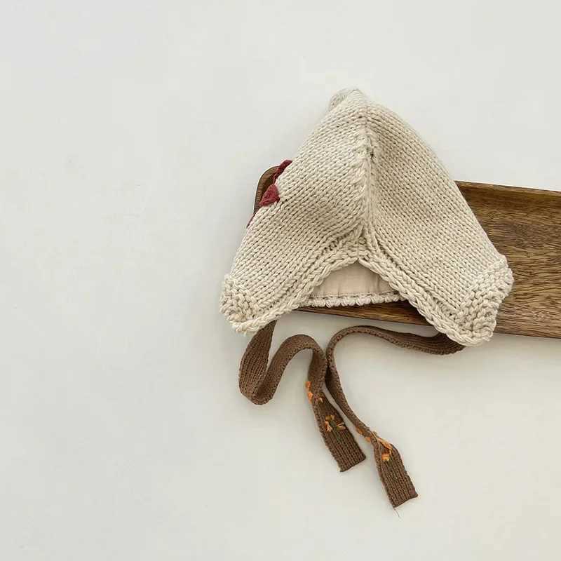 Cute Flower Ear Protection Hat for Baby Knit Pullover Cap Winter Warm Kids Woolen Bonnet 14Year Boy Girl Liner Velvet Beanie Z251029