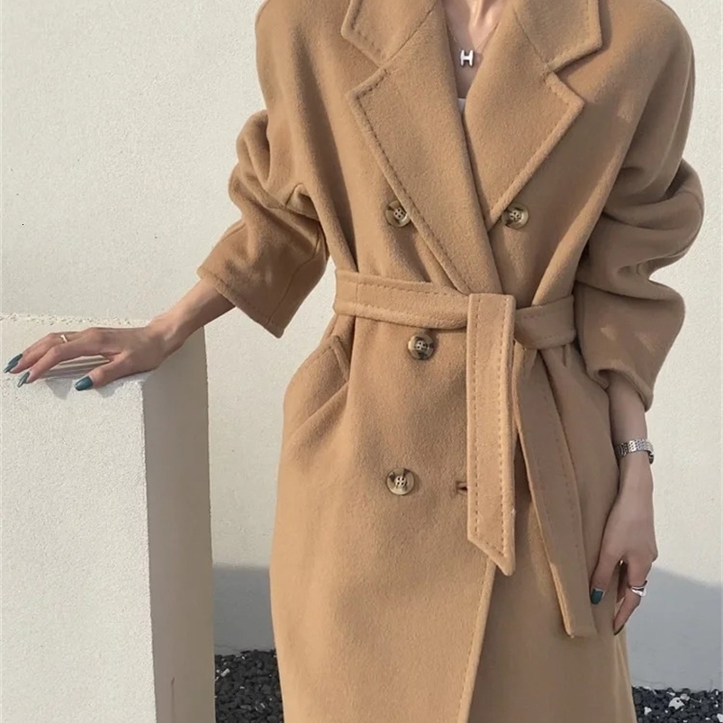 High-end Double-sided Cashmere Coat Women Mid-length Fashion Thick Double-breasted Long Sleeve Woolen Coat Fit Autumn Winter 240822