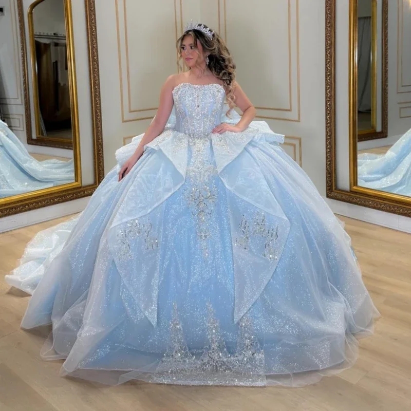 Sky Blue Shiny Ball Gown Sweet 16 Year Old Quinceanera Dresses Tulle Evening Party Dress Vestidos De Festa 15 Anos