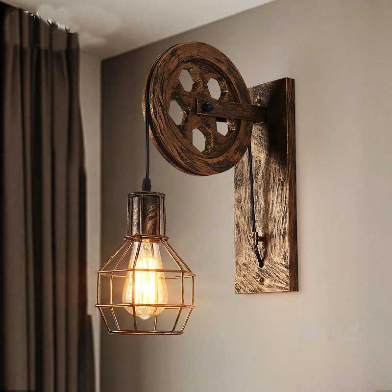 Vintage WallLamps led lamp wall sconces Retro Wall Light fixtures Lifting Pulley bedroom lamp American Industrial mirror light C250923