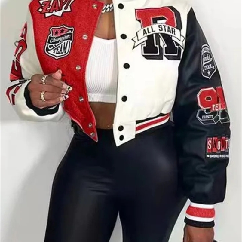 LW Baseball Collar Letter Print Varsity Jacket Appliques Casual Patchwork Button Up Color-block Autumn Winter Women Girl Outwear 240827