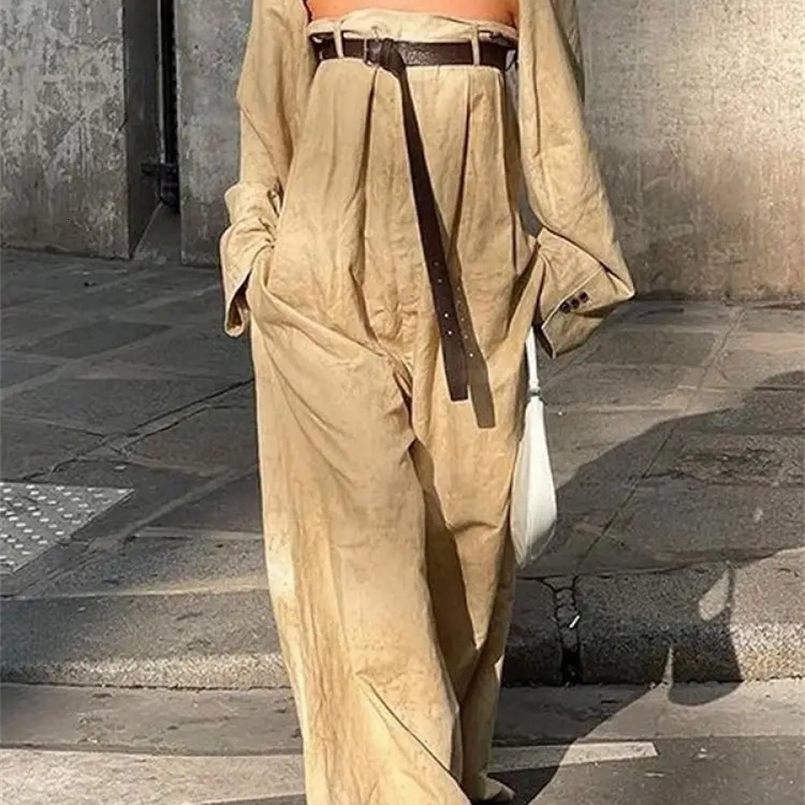 Modigirl Fashion Buttoned Long Sleeves Collarless Outerwear Top Wide Leg Belted Jumpsuits Sets for women 2 pieces 240820