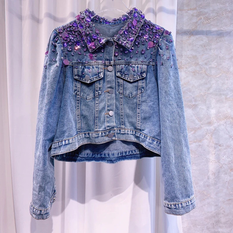 Harajuku Vintage Washed Blue Short Denim Jacket Beaded Diamond Sequins Lapel Long Sleeve Spring Autumn Women Casual Jeans Jacket 250122