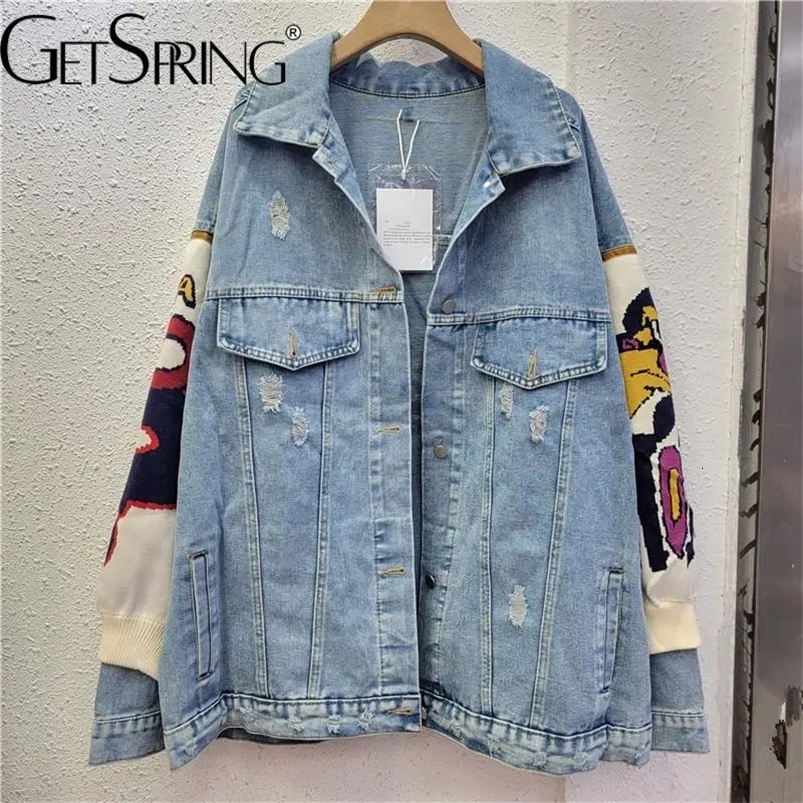 GetSpring Women Denim Jacket Autumn Printed Color Matching Denim Coat Fashion All Match Loose Casual Long Jean Tops 240806