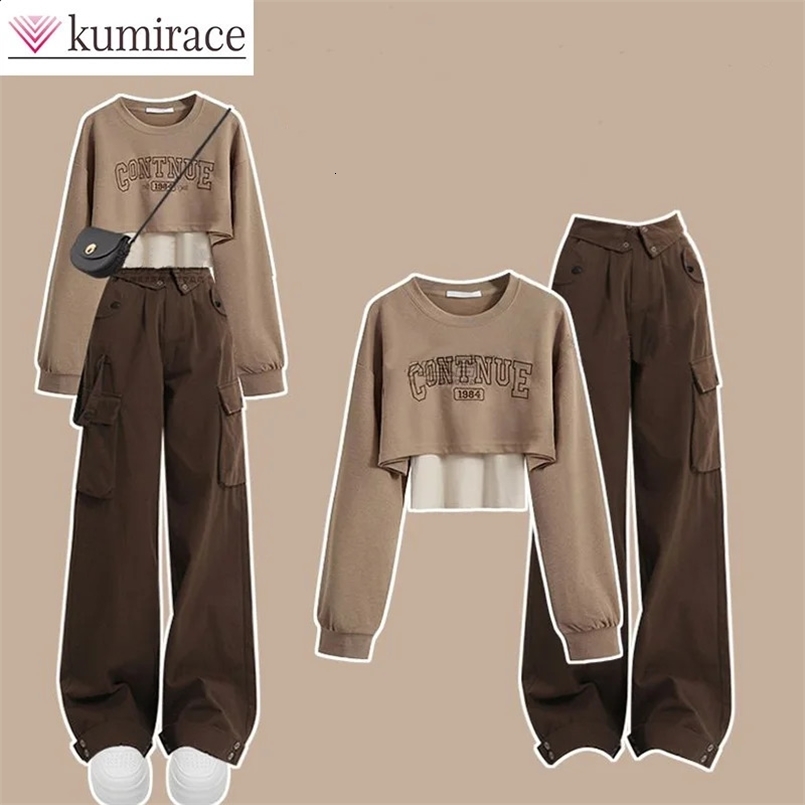 Autumn Wear Womens Set Korean Edition Round Neck Top with Hanging Strap Work Pants Three Piece Set Clothes for Women 240820